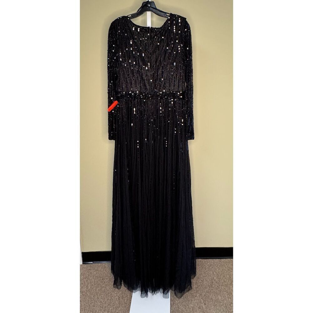 Mac Duggal NWT Sequined V-Neck Illusion Sleeve A-Line Gown in Black Size 10 - Picture 5 of 7